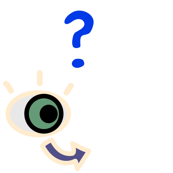 An image with light line art shows a grey green eye with a purple arrow below it curving to point at an empty space. Above is a blue question mark.
